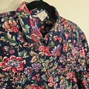Vintage 90s Y2K Botanical Floral Navy Blue Womens 100% Cotton Button Up Shirt